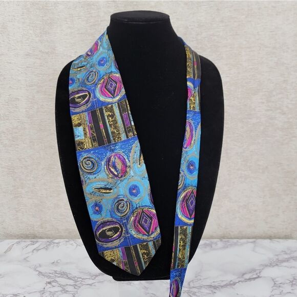 Bachrach Vintage Italian Silk Abstract Blue and Purple Necktie Men's Tie - Picture 1 of 7